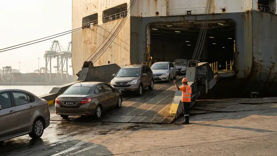 Kereta beratur menaiki ramp kapal RoRo di pelabuhan